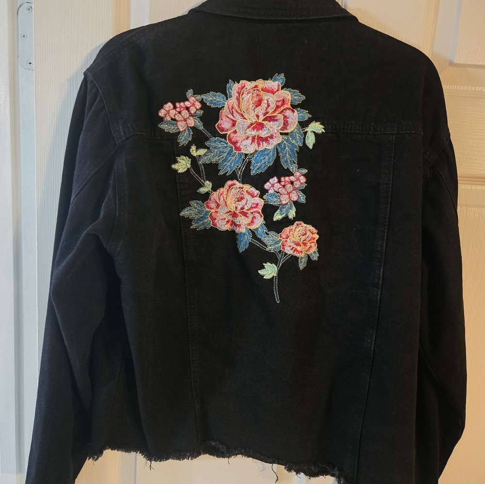 SAY WHAT? Black Denim Jacket XL 100% Cotton Fringed Bottom Hem